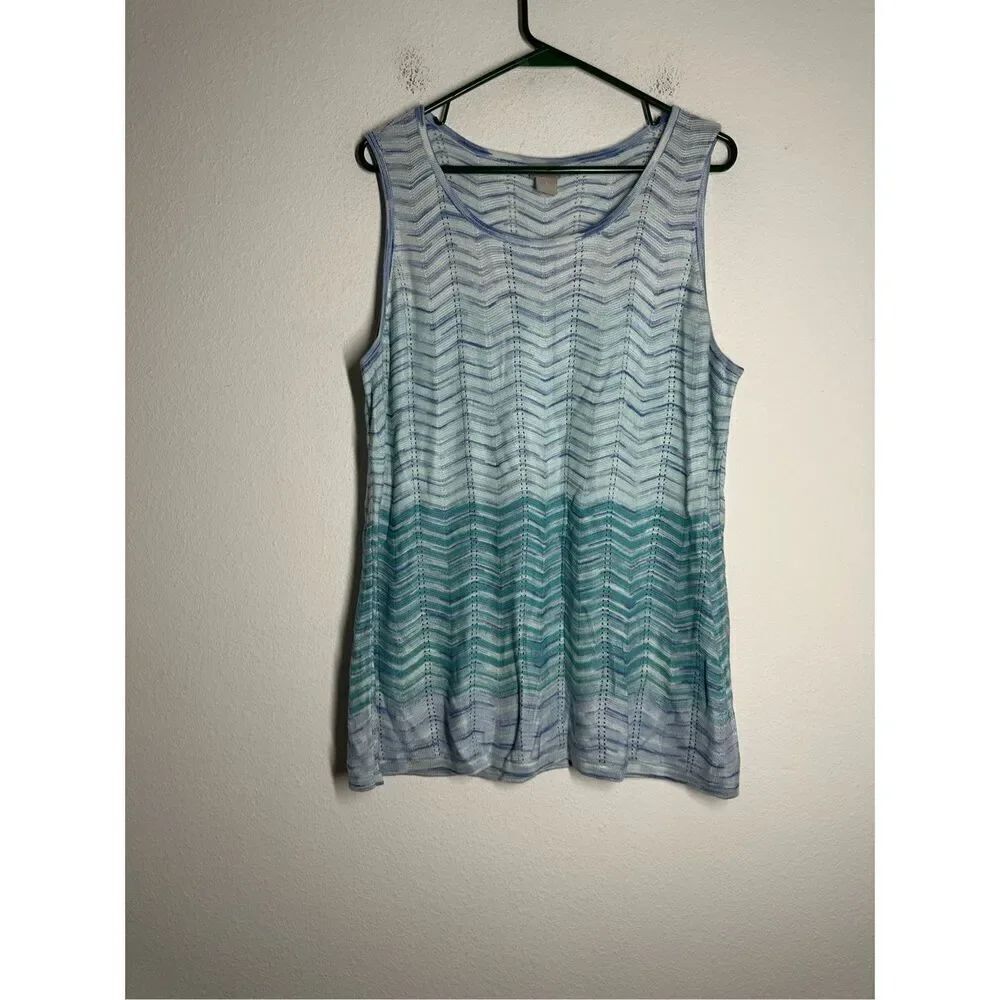 Chico's Tank Top Size 3 Knit Sleeveless Stretch Comfy Zigzag Boho Blue Green